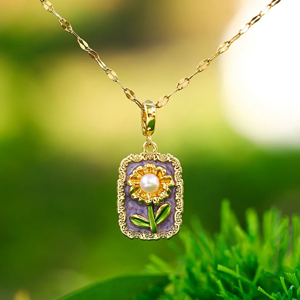 Heirloom Bloom Pendant Necklace – Enamel Flower & Pearl