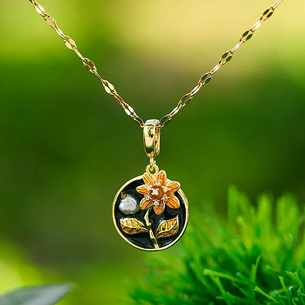 Heirloom Bloom Pendant Necklace – Enamel Flower & Pearl